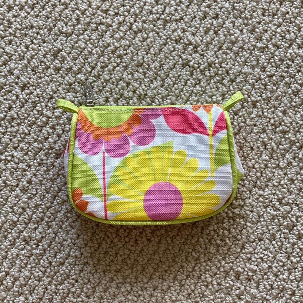 NEW Clinique Small Cosmetic Case Purse Mini Zip Bag Floral Yellow Pink NWOT